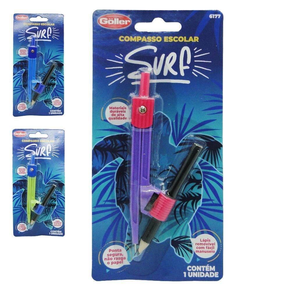 Compasso escolar de plastico surf color com lapis na cartela