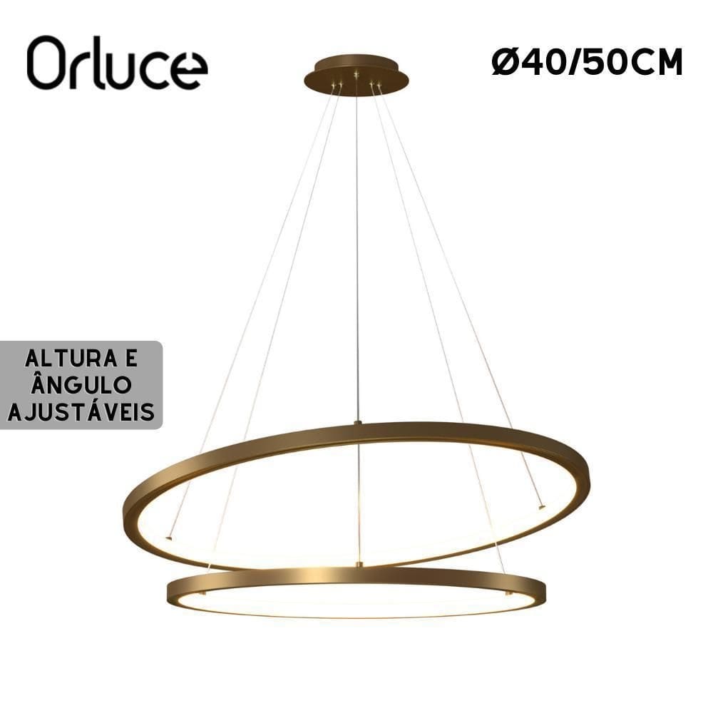 Lustre pendente orluce led 2 aros arco dourado 40/50cm 2700k