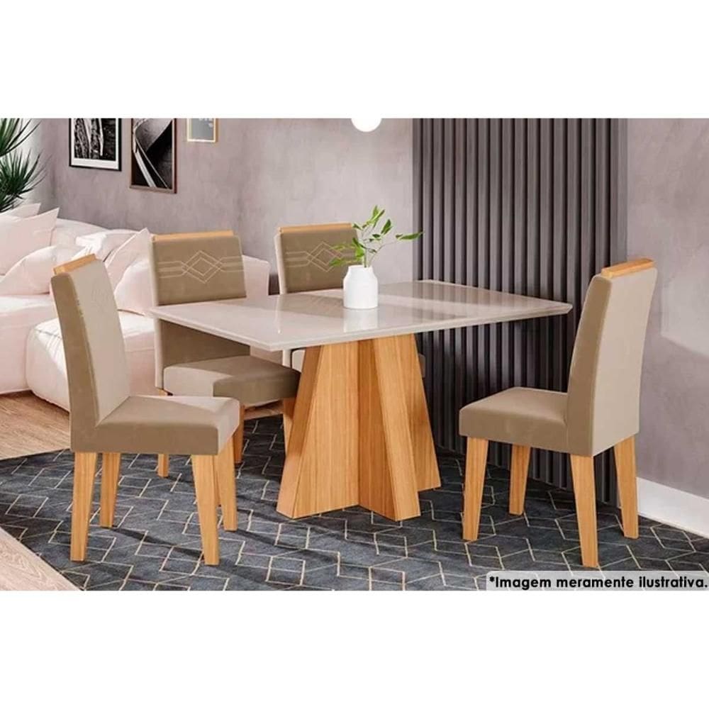 Sala de Jantar Completa Patricia c/ Tampo Madeirado c/ Vidro Canto Reto 130x80cm e 4 Cadeiras Tais Savana/Nature/Suede Capuccino - Cimol