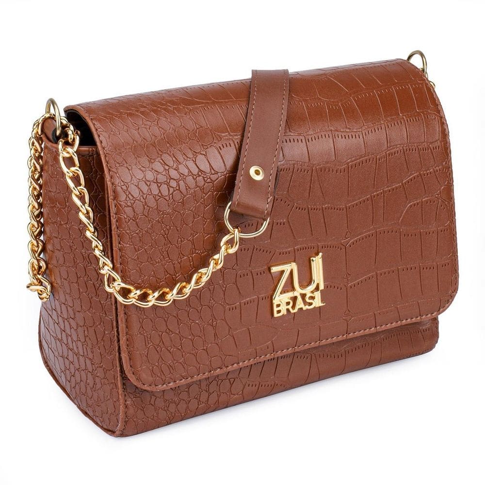 Bolsa feminina croco alça corrente transversal festa lado