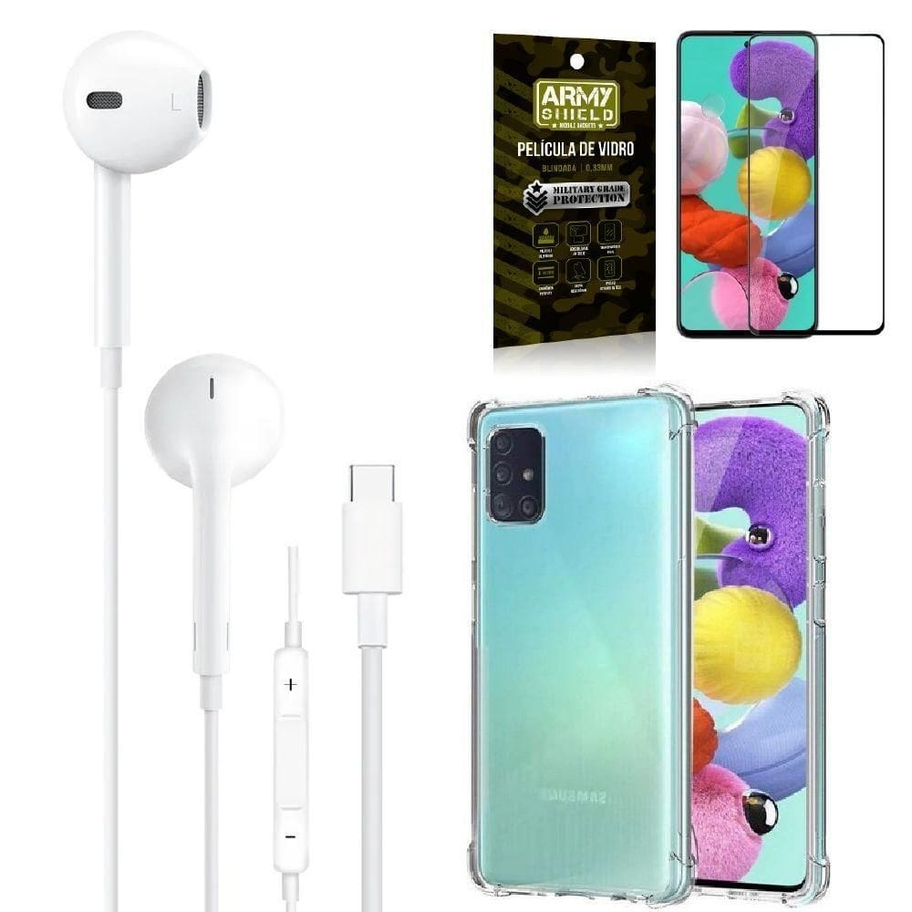 Capa samsung a51 + fone de ouvido tipo c + película 3d