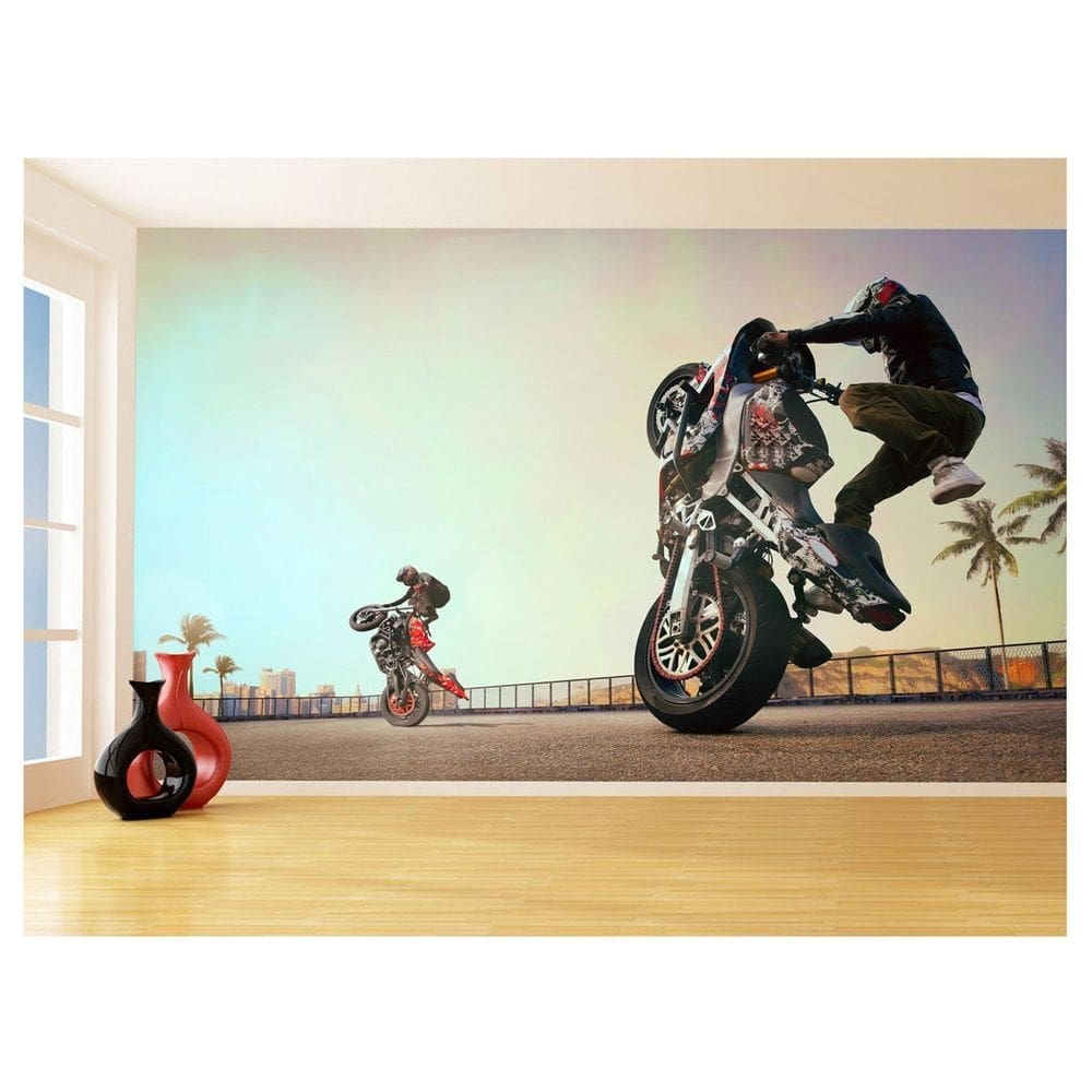 Papel De Parede 3D Moto Grau Empinando Manobra 3,5M Bkm36