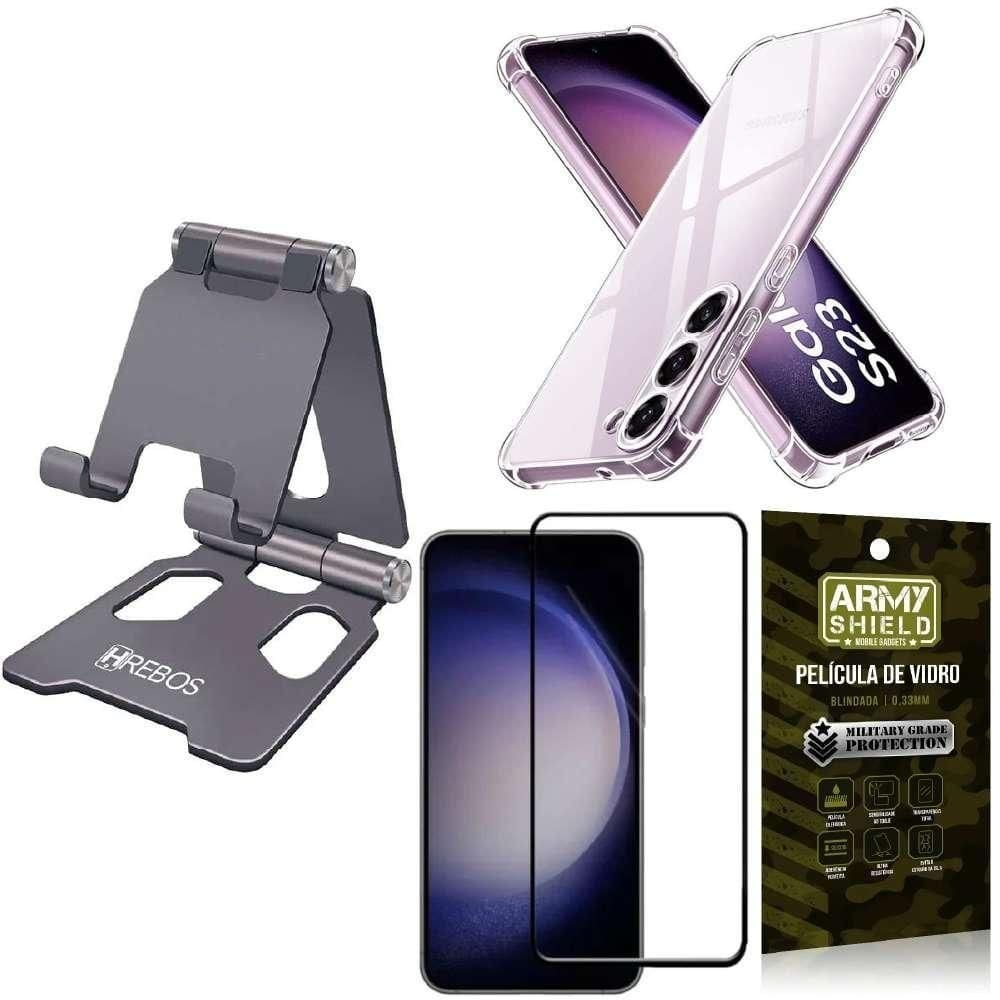 Kit suporte smartphone cinza: capinha antishock, película de vidro 3d e suporte 360