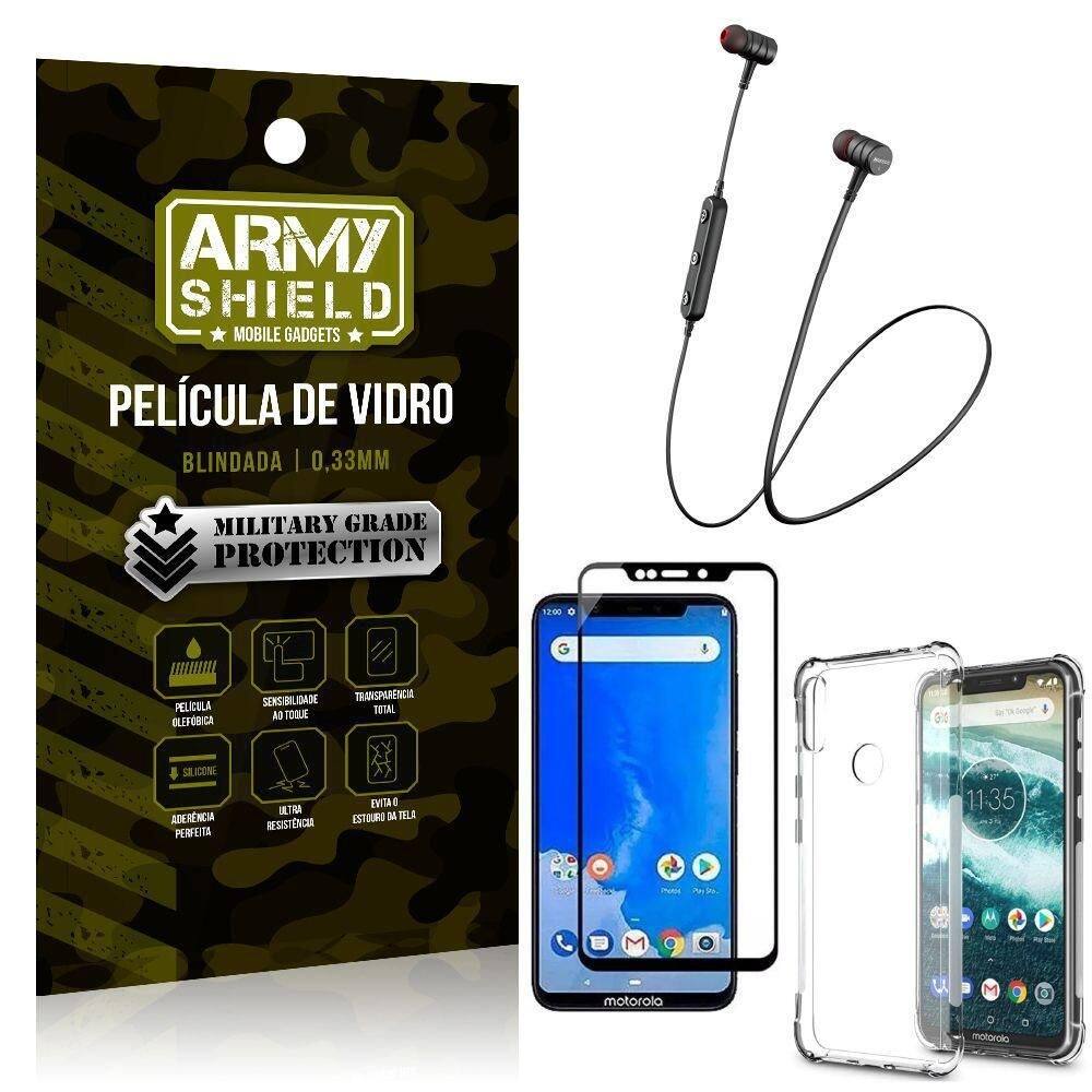 Fone bluetooth hs615 moto one+capinha anti shock+película 3d