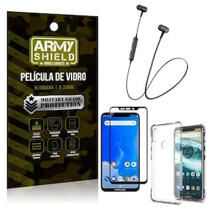 Fone bluetooth hs615 moto one+capinha anti shock+película 3d
