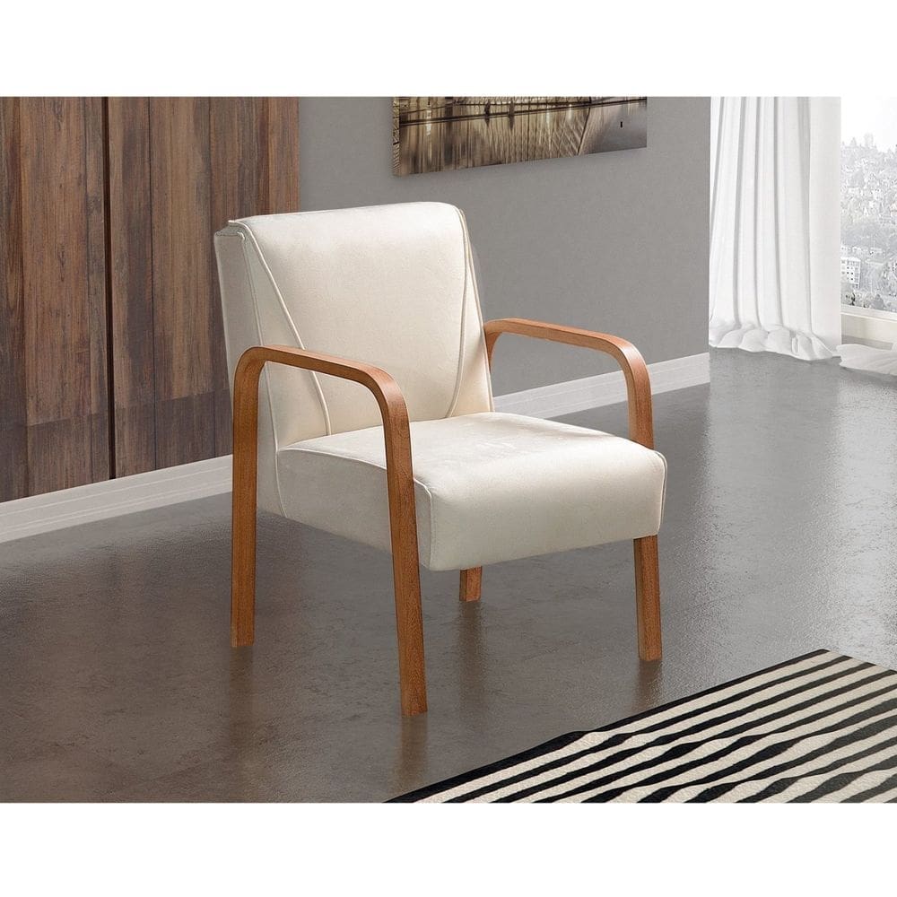 Poltrona Cadeira Moderna Braço Madeira Anita Bege Claro