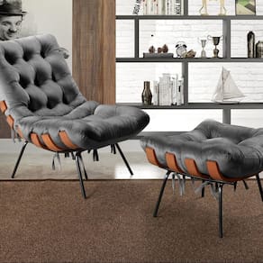 Poltrona Costela com Puff Base Fixa para Sala, Quarto Cinza grafite