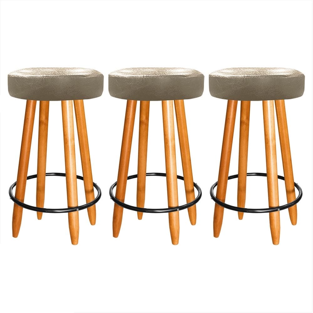 Kit 3 Banqueta Madeira Industrial Balcão Bar Courino Bege