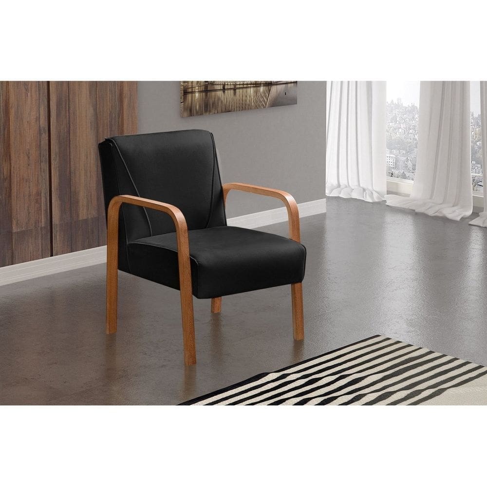 Poltrona Cadeira Moderna Braço Madeira Anita Veludo Preto