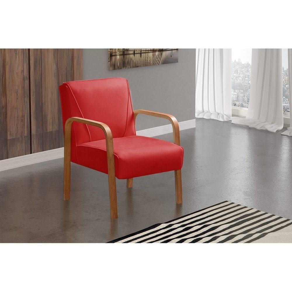 Poltrona Cadeira Moderna Braço Madeira Anita Vermelho