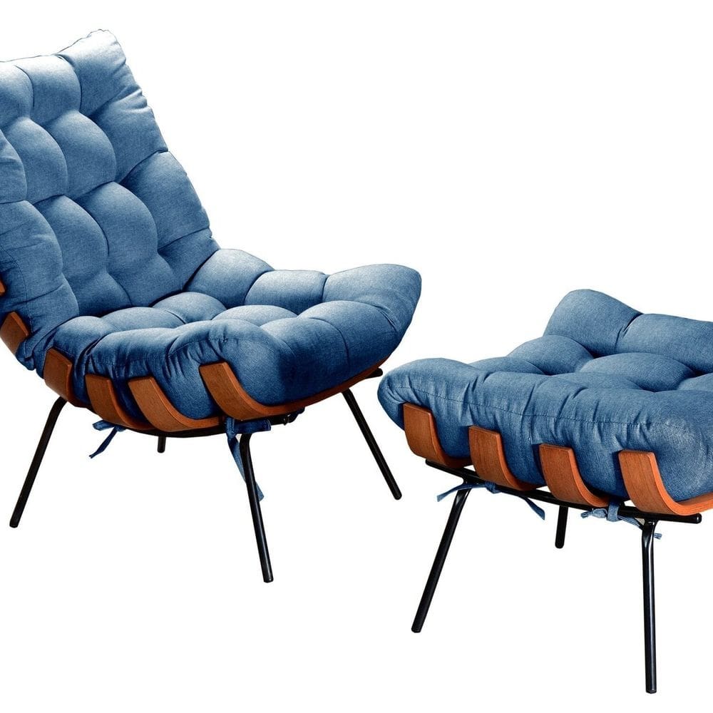 Poltrona Costela com Puff Base Fixa para Sala, Quarto Azul
