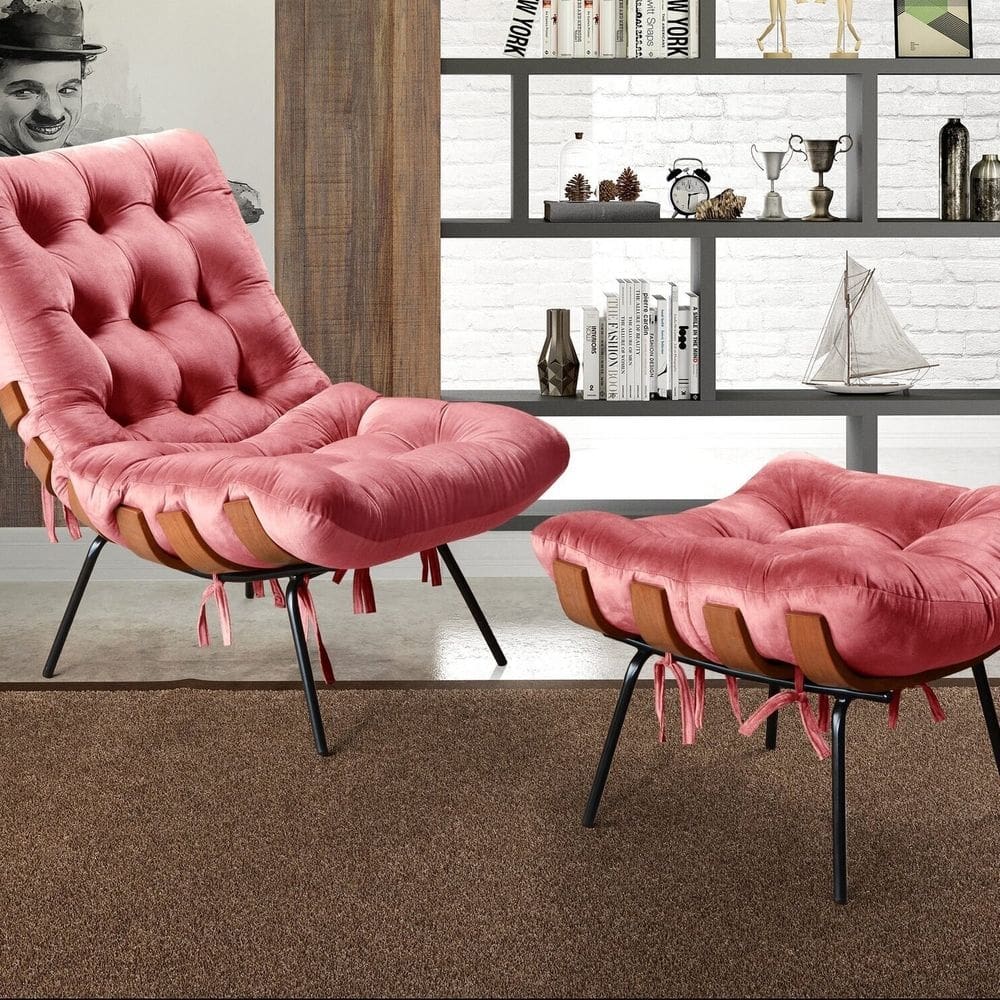 Poltrona Costela com Puff Base Fixa para Sala, Quarto Rosa