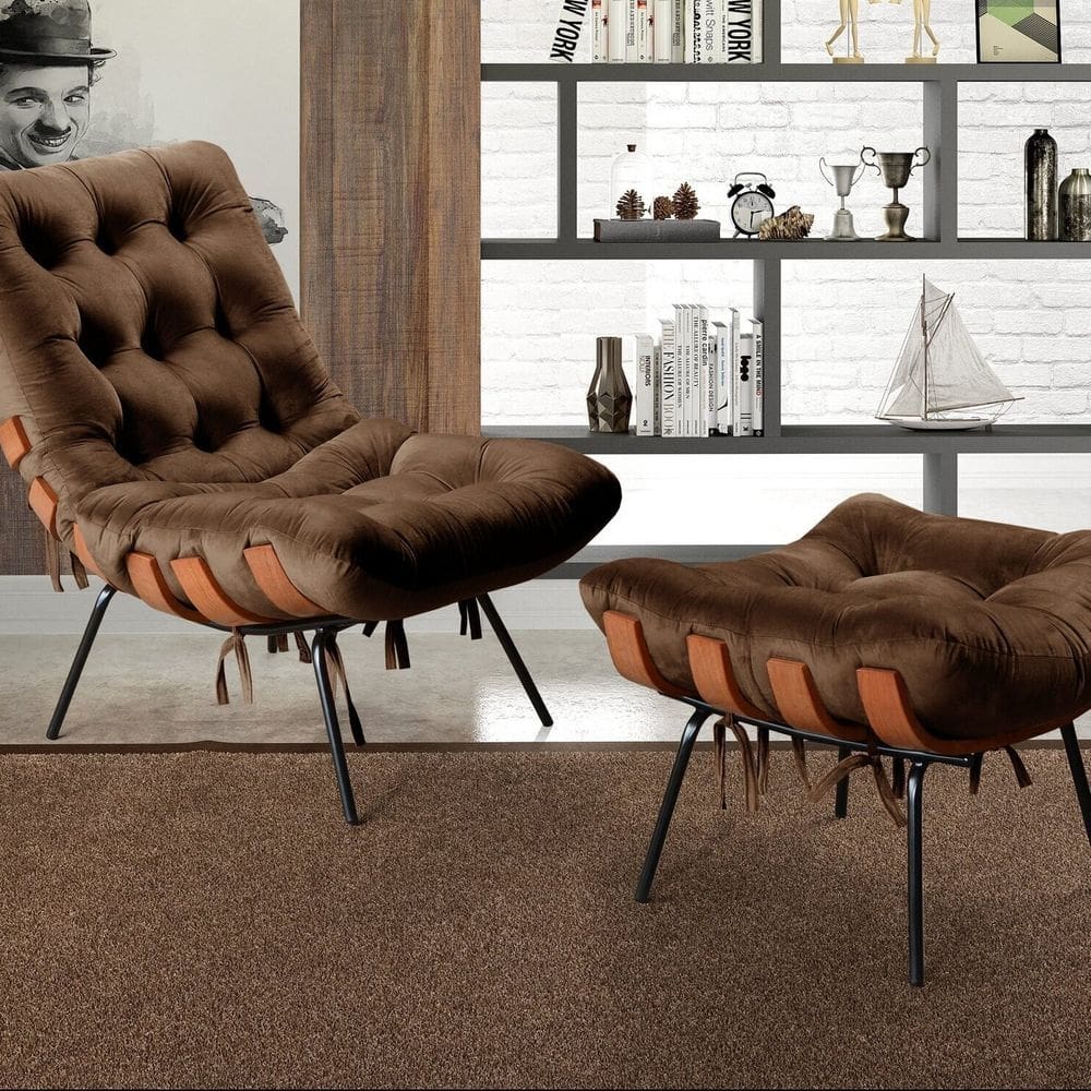 Poltrona Costela com Puff Base Fixa para Sala, Quarto Marrom