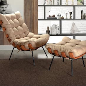 Poltrona Costela com Puff Base Fixa para Sala, Quarto Marrom