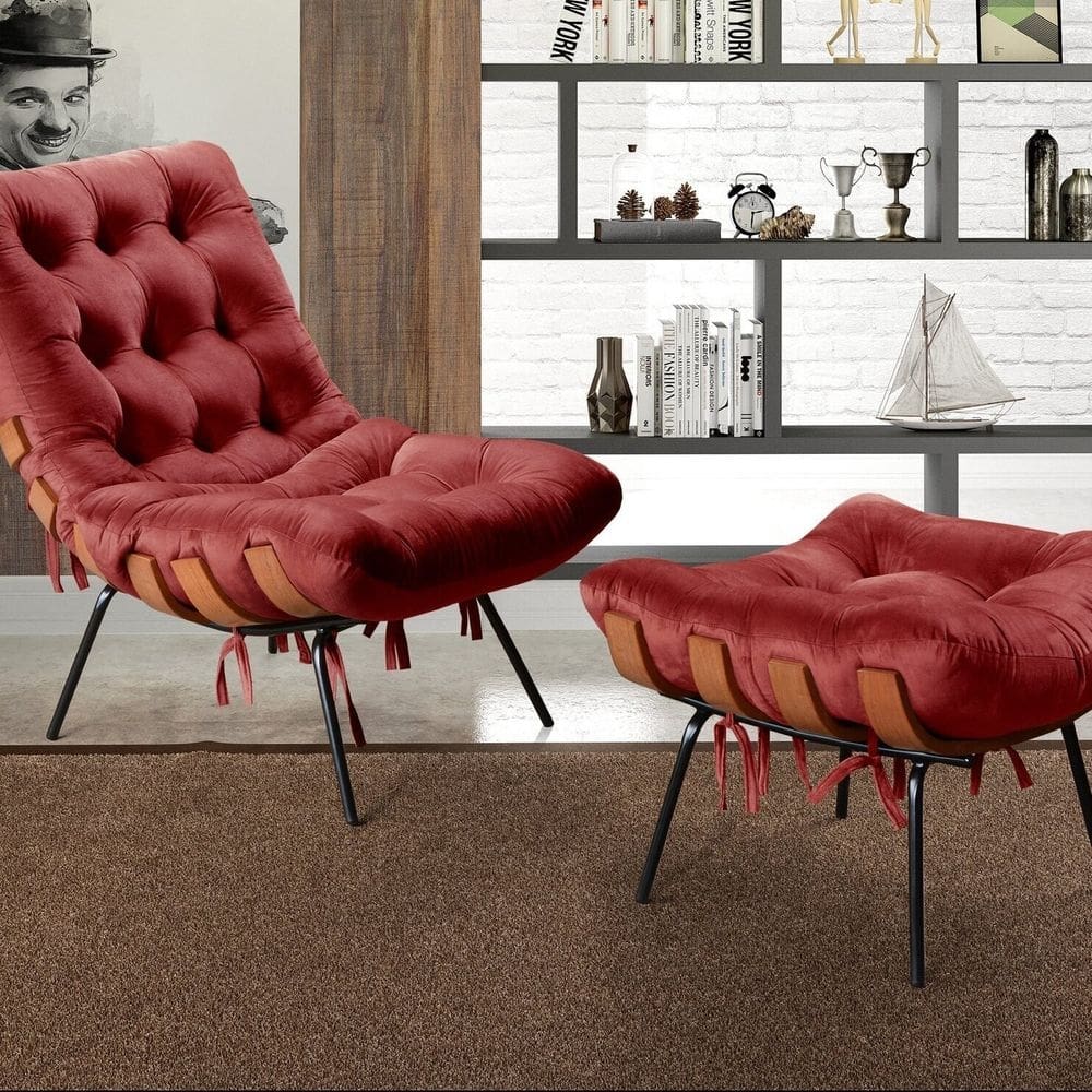 Poltrona Costela com Puff Base Fixa para Sala, Quarto Bordô