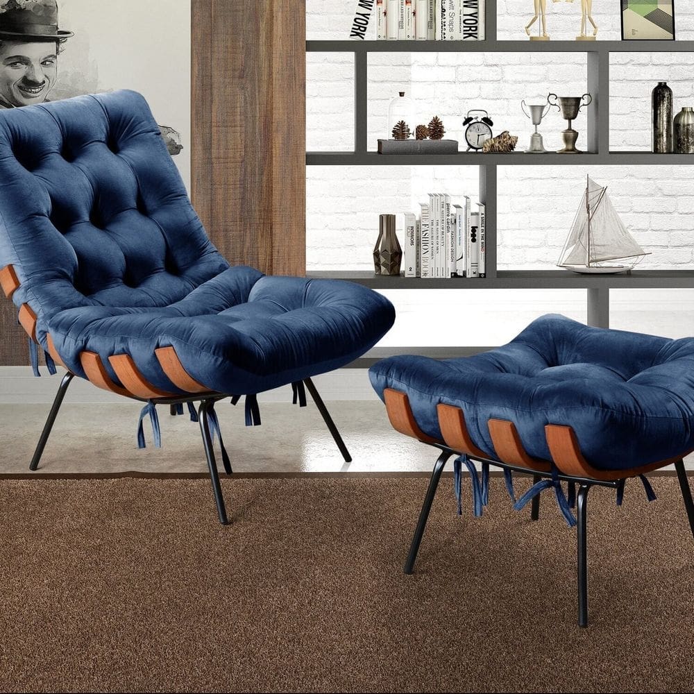 Poltrona Costela com Puff Base Fixa para Sala, Quarto Azul Marinho