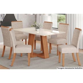 Sala de Jantar Completa Lins c/ Tampo Madeirado c/ Vidro 160x90cm e 6 Cadeiras Malu Nature/Veludo Light Linho - Henn