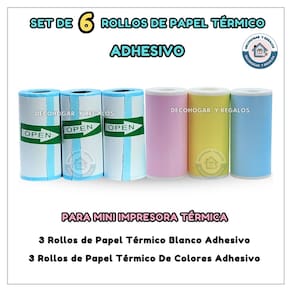 Conjunto de papel térmico de 6 rolos brancos e coloridos para mini impressora