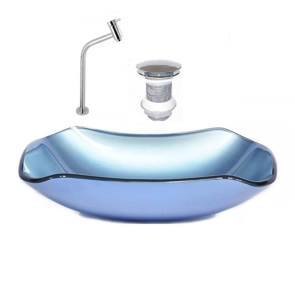 Cuba de vidro abaulada 51cm azul + valvula + torneira