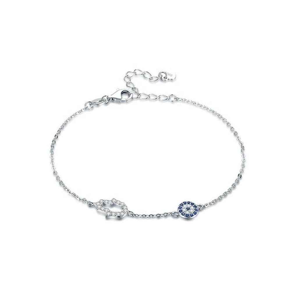 Pulseira Turkish Eye Lucky Hand, banhada a prata 925, ródio