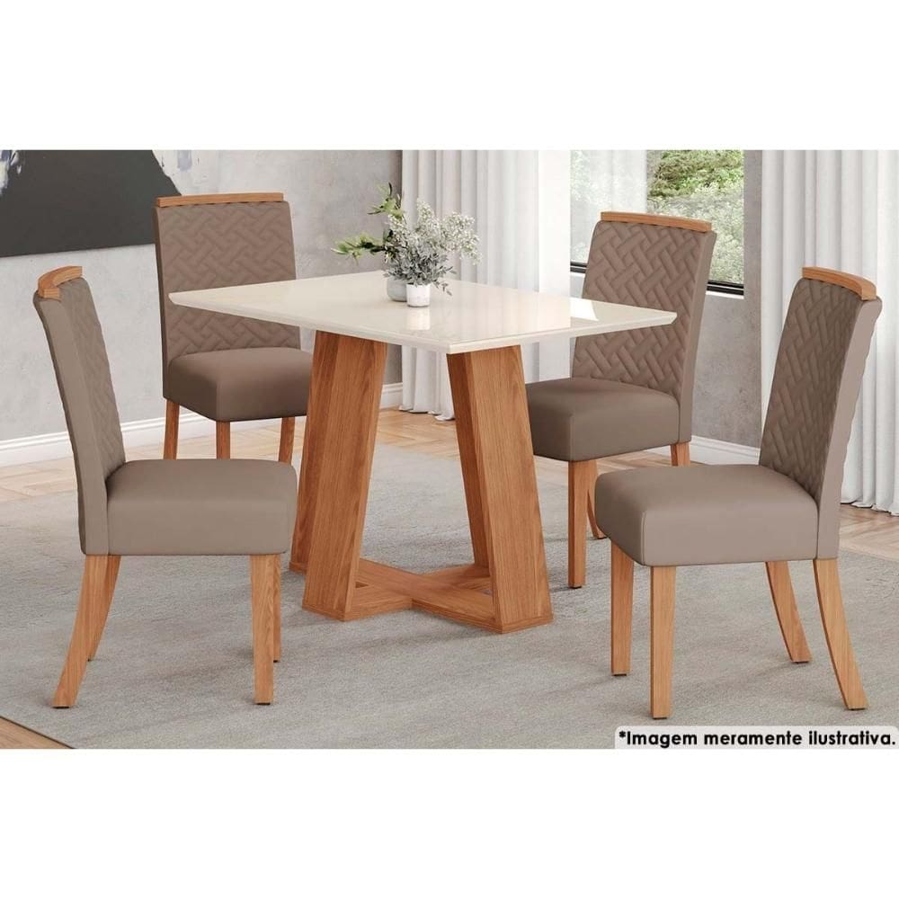 Sala de Jantar Completa Lins Tampo Reto Madeirado c/Vidro 120x80cm e 4 Cadeiras Malu Nature/Marrom Amêndoa - Henn