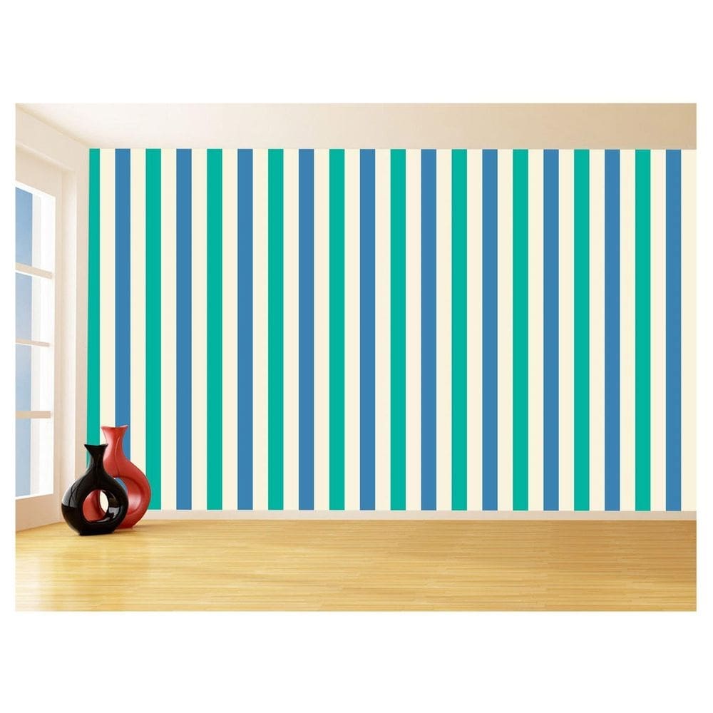 Papel De Parede 3D Sala Listras Verde Bege Azul 3,5M Lst48