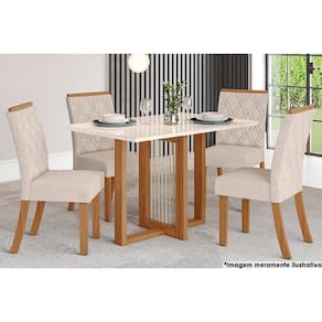 Sala de Jantar Completa Natalí c/ Tampo Madeirado c/ Vidro Reto 120x80cm e 4 Cadeiras Vita Nature/Veludo Light Linho - Henn