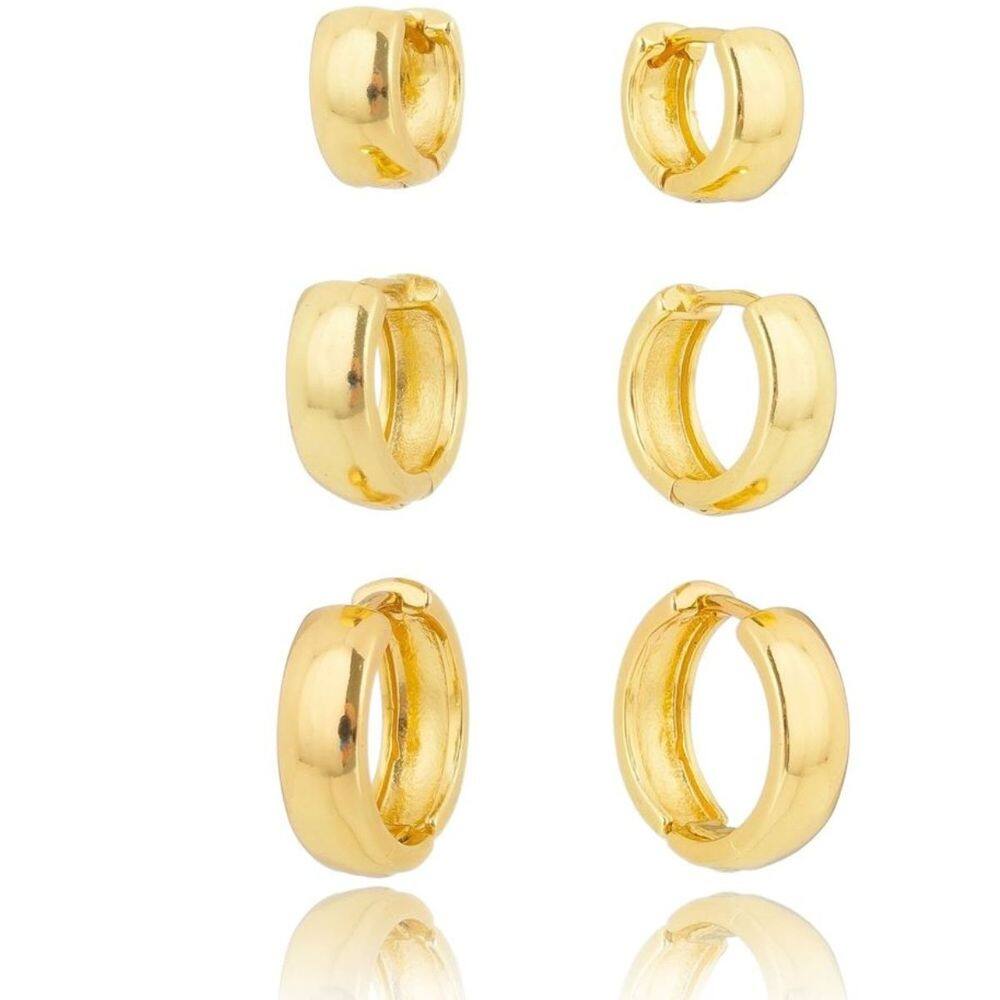 Kit Brincos 3 Furos Trio de Argolas Lisas Banhado em Ouro 18k
