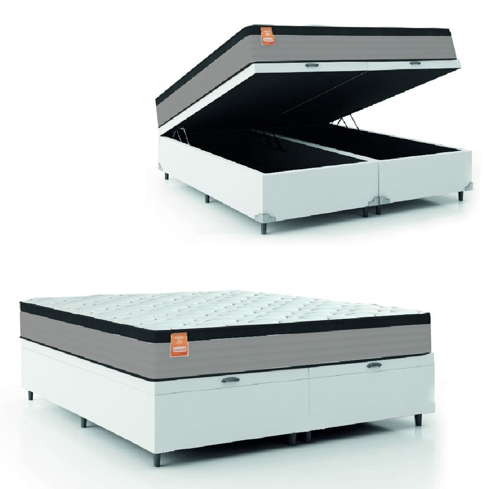 Cama Box Baú Colchão Casal Queen Molas Ensacadas Real 158x198x68cm Linho Branco / Preto Inducol - Suporta até 130kg por Pessoa