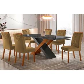 Sala de Jantar Completa Imperatriz Tampo Madeirado c/ Vidro Curvo 180x90 e 6 Cadeiras Amsterdã Imbuia/Veludo Capuccino - Rufato