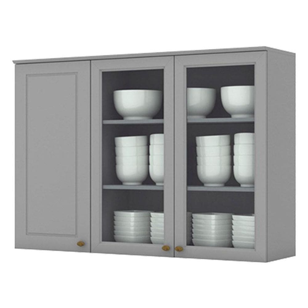 Armário Aéreo 3 Portas com Vidro 120 cm Americana Cinza – Henn