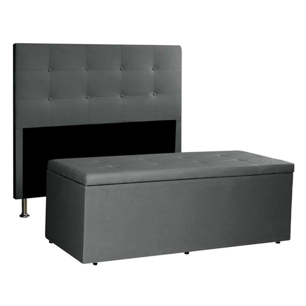 Kit Cabeceira e Calçadeira Baú Casal 1,40m Berlim Suede Cinza - Pallazio