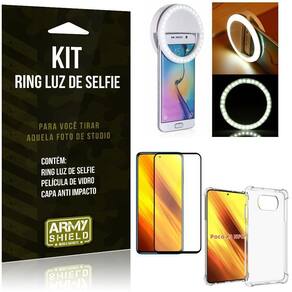 Kit poco x3 flash ring+capa anti impacto+película vidro 3d