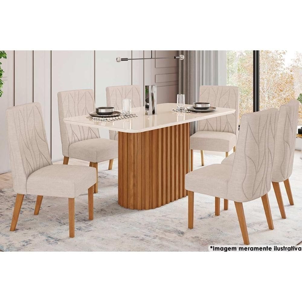 Sala de Jantar Completa Solana c/ Tampo Madeirado c/ Vidro Curvo 160x90cm e 6 Cadeiras Eloa Nature/Veludo Light Linho - Henn