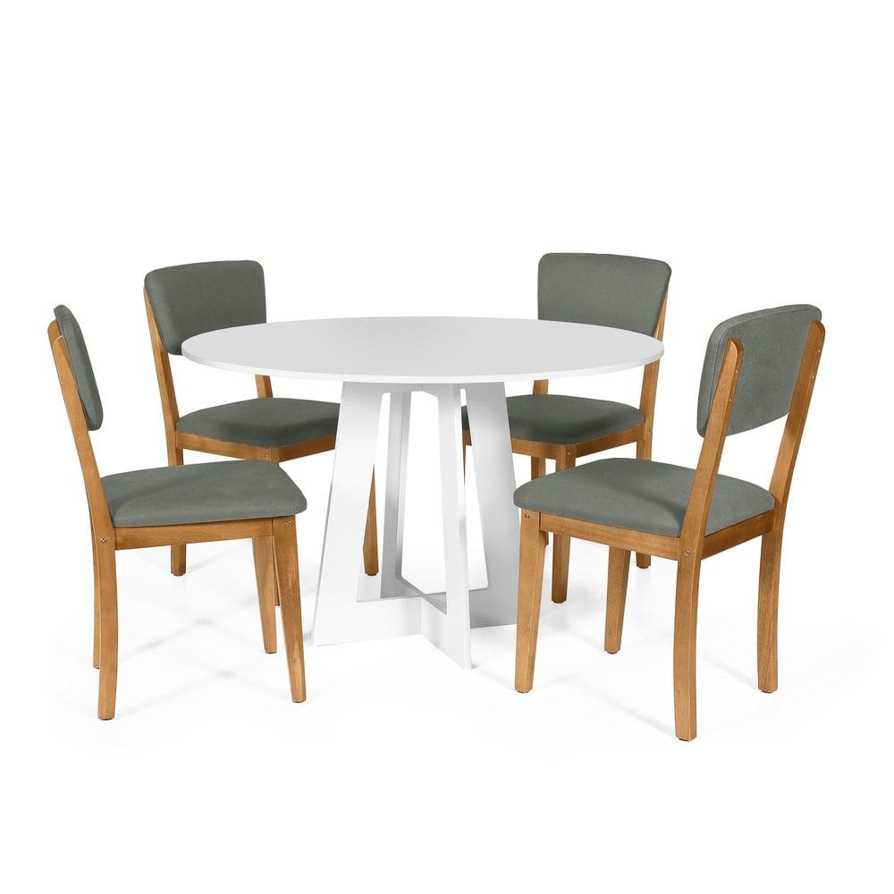Mesa de Jantar Redonda Montreal Branca com 4 Cadeiras Estofadas Ella Cinza