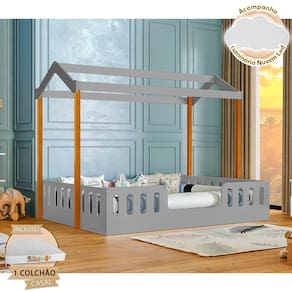 Cama Casal Casinha Montessoriana Ágatha Com Colchão D28 Cinza/Castanho Claro Incluso Luminária