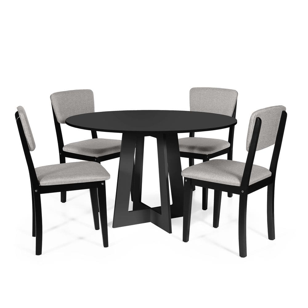 Mesa de Jantar Redonda Montreal Preta com 4 Cadeiras Estofadas Ella Preto/Cinza Claro