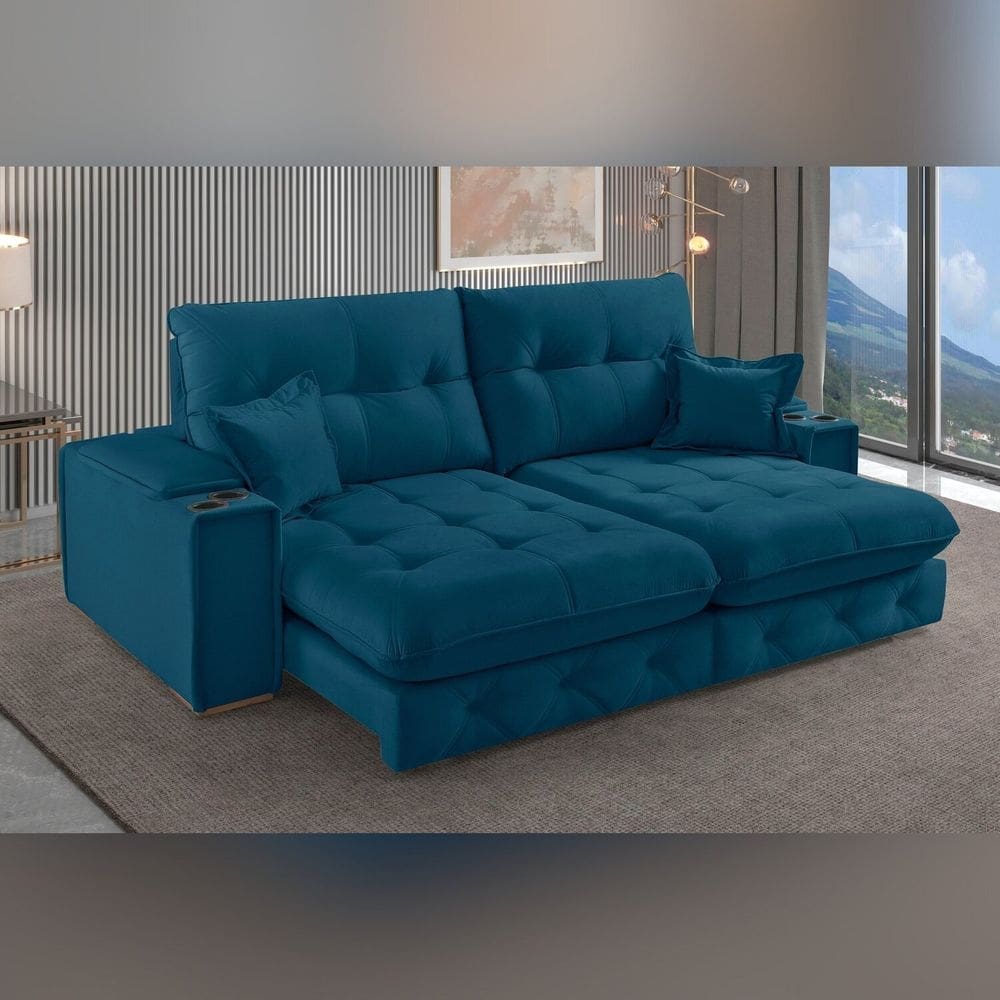 Sofá Retrátil Reclinável com Porta Copos e Usb 190cm Istambul Yescasa Azul