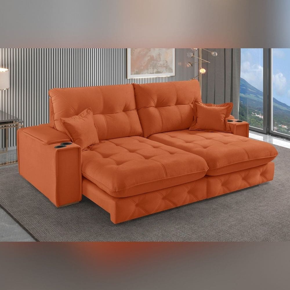 Sofá Retrátil Reclinável com Porta Copos e Usb 210cm Istambul Yescasa Terracota