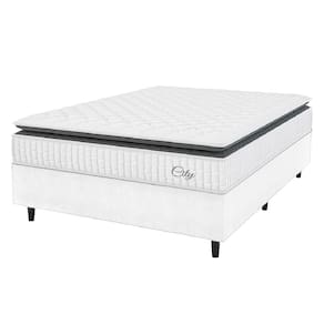 Cama Box Colchão Casal Molas Ensacadas City Pillow Top 138x188x61cm Linho Branco / Preto Hellen - Suporta até 110kg por Pessoa