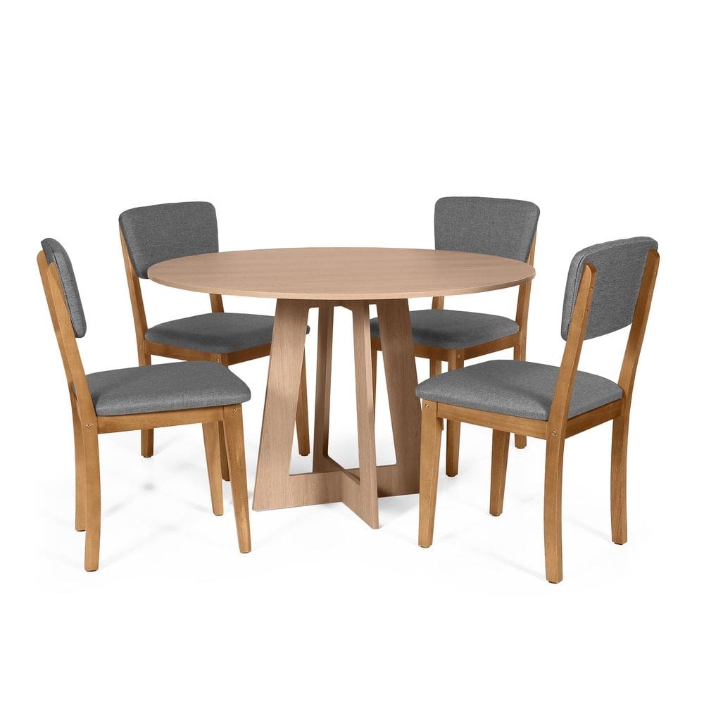 Mesa de Jantar Redonda Montreal Jade com 4 Cadeiras Estofadas Ella Cinza Escuro
