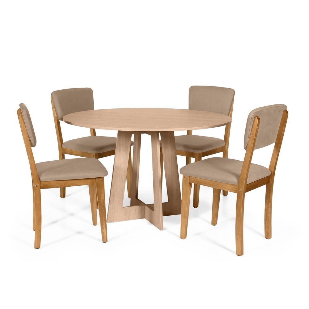 Mesa de Jantar Redonda Montreal Jade com 4 Cadeiras Estofadas Ella Marrom Claro
