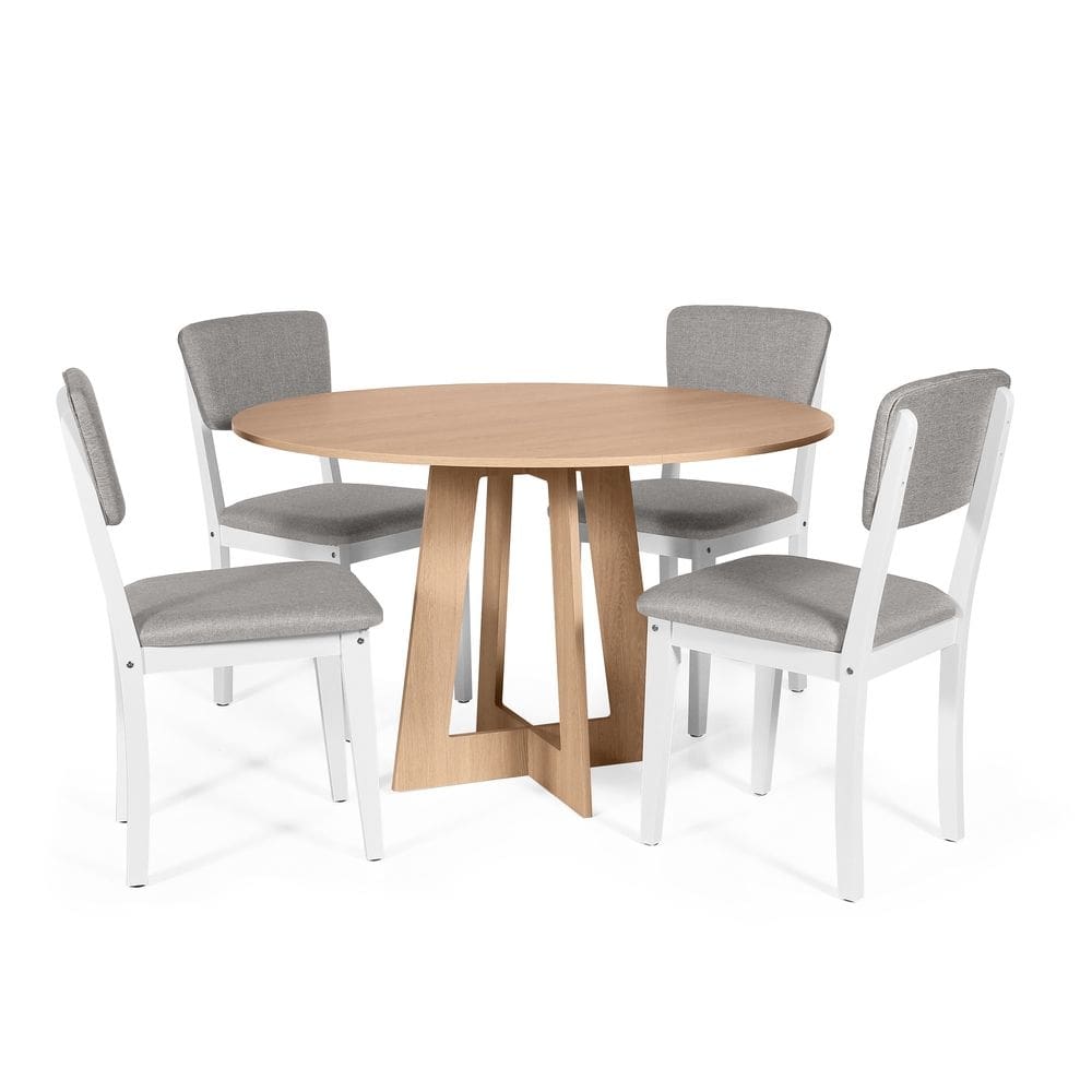 Mesa de Jantar Redonda Montreal Jade com 4 Cadeiras Estofadas Ella Branco/Cinza Claro