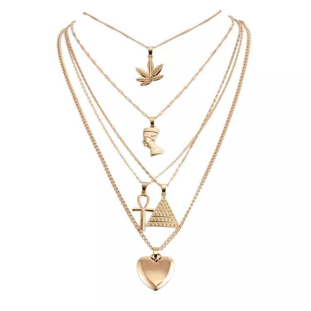 Colar dourado multicamadas pingente cleópatra cruz coração