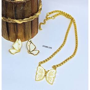 Kit Conjunto Colar e Brincos Corrente Grossa com Pingente Borboleta resinado Preto Branco Folheado Ouro Tendência Moda
