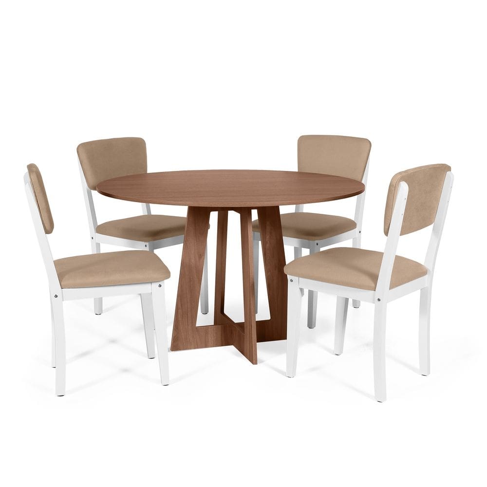 Mesa de Jantar Redonda Montreal Noronha com 4 Cadeiras Estofadas Ella Branco/Marrom Claro