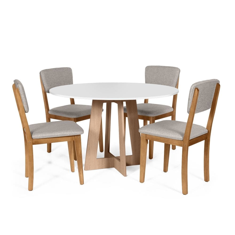 Mesa de Jantar Redonda Montreal Bran/Jade com 4 Cadeiras Estofadas Ella Cinza Claro