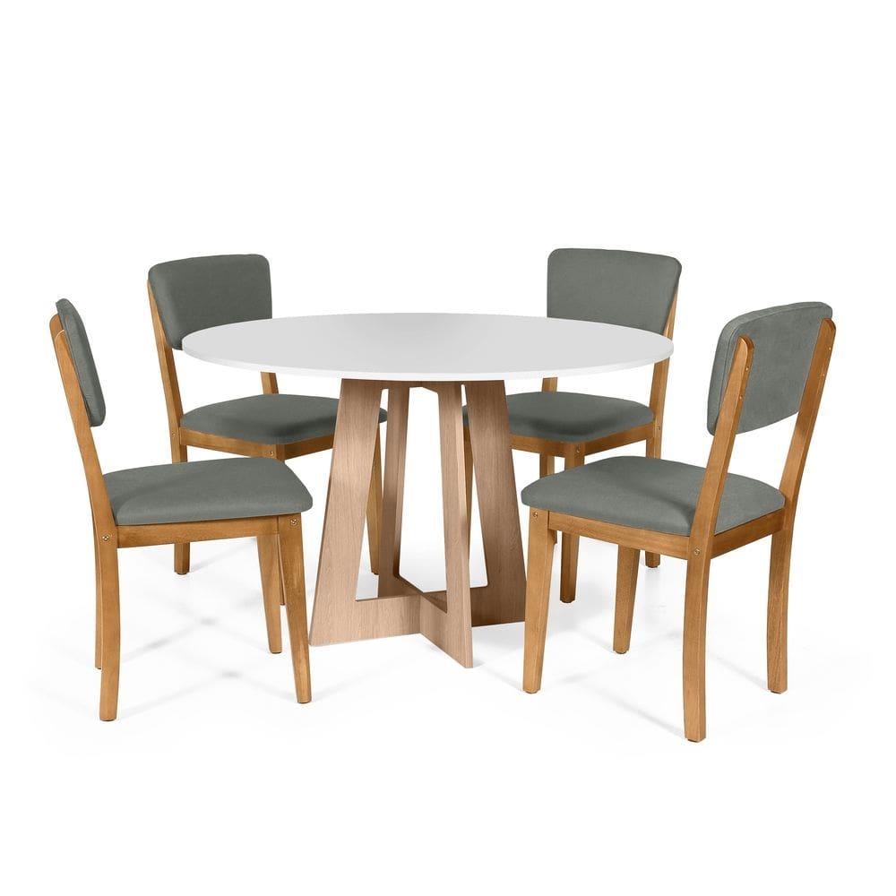 Mesa de Jantar Redonda Montreal Bran/Jade com 4 Cadeiras Estofadas Ella Cinza