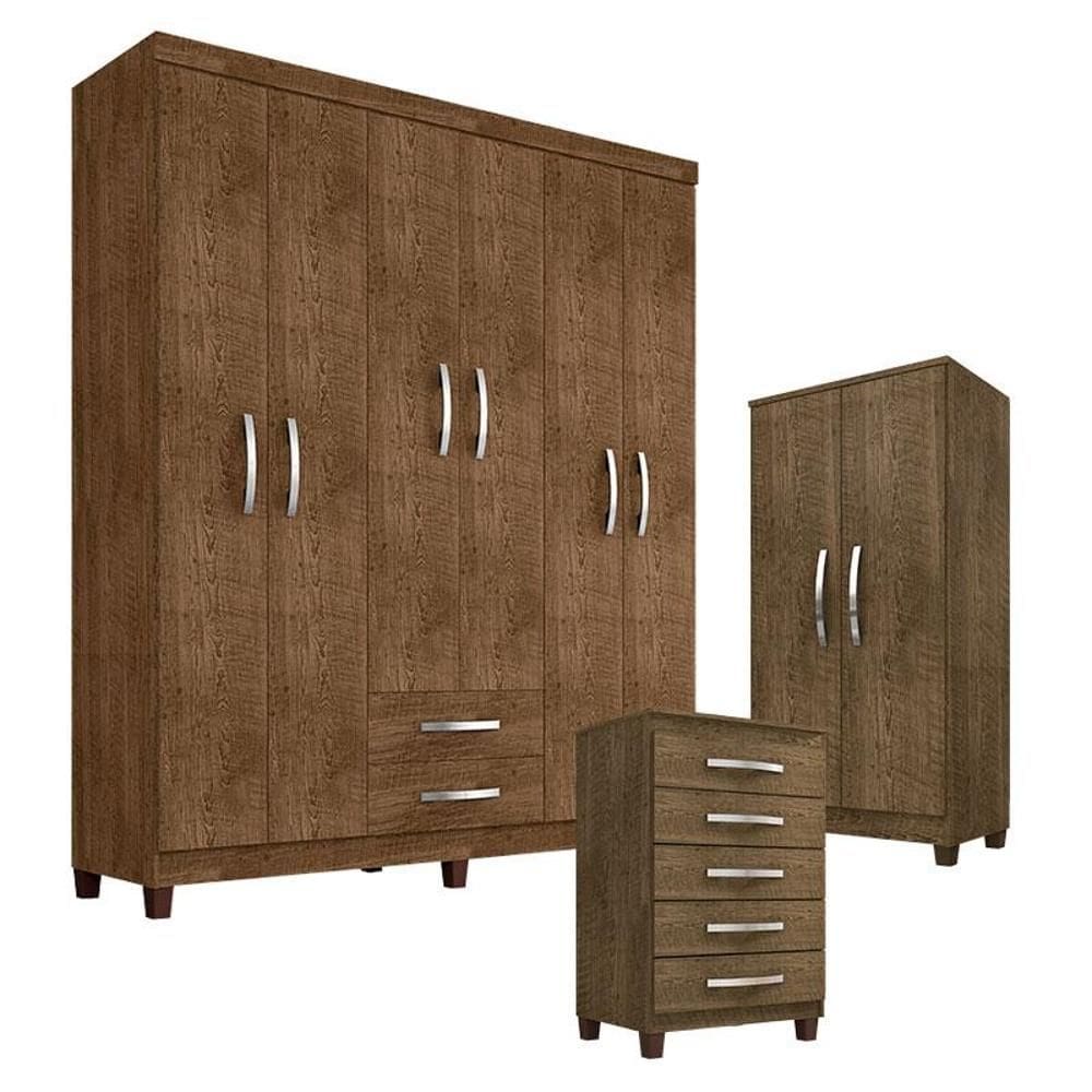 Guarda Roupa Casal Modena com Cômoda Cannes 5 Gavetas e Armário Multiuso Recife Malbec – Incorplac