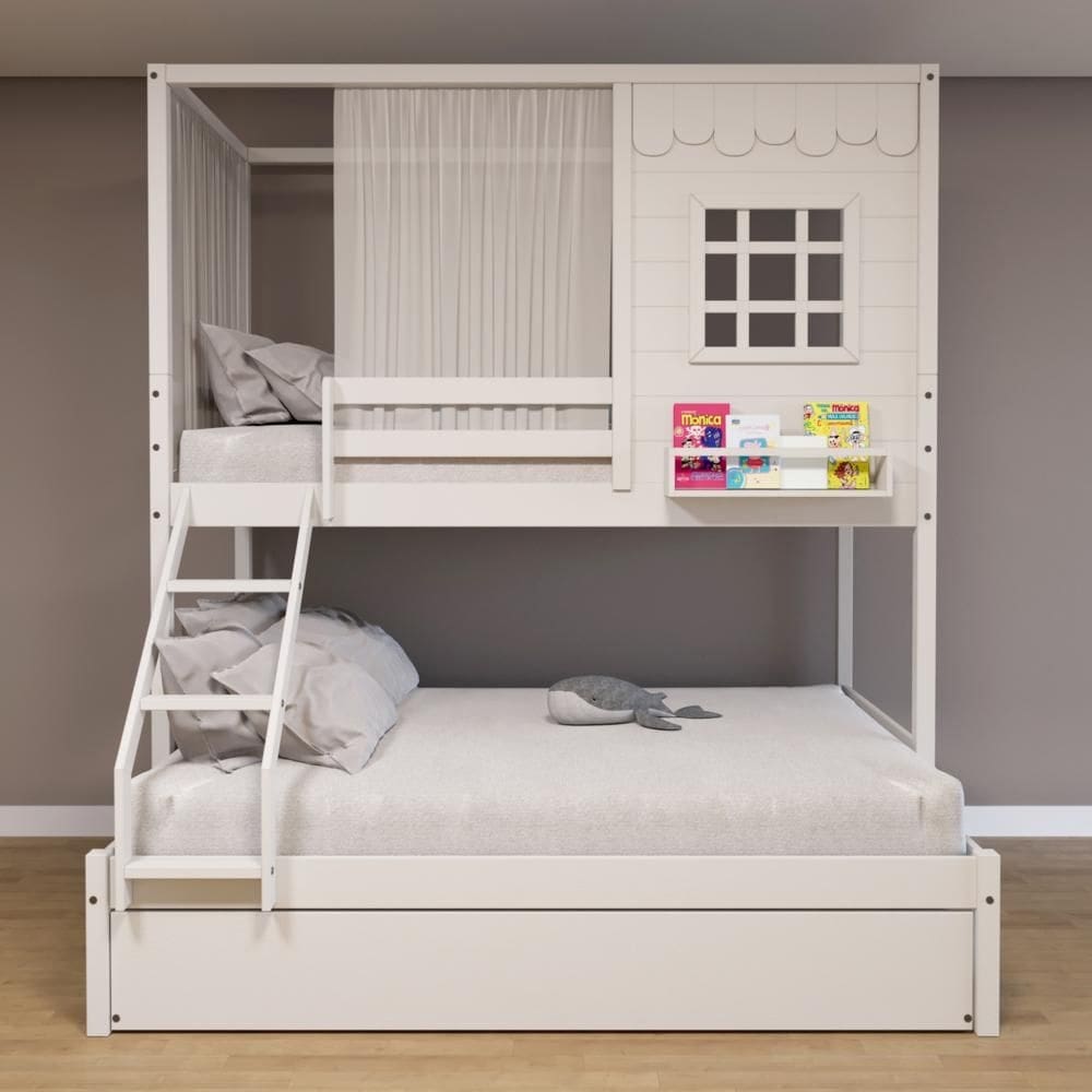Treliche Casinha Reta Casal/ Solteiro com Cortina Madeira Maciça Branco Housin